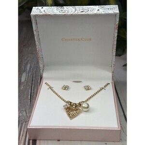 Charter Club Gold Tone Heart Charm Necklace & Crystal Stud Earrings Set Boxed